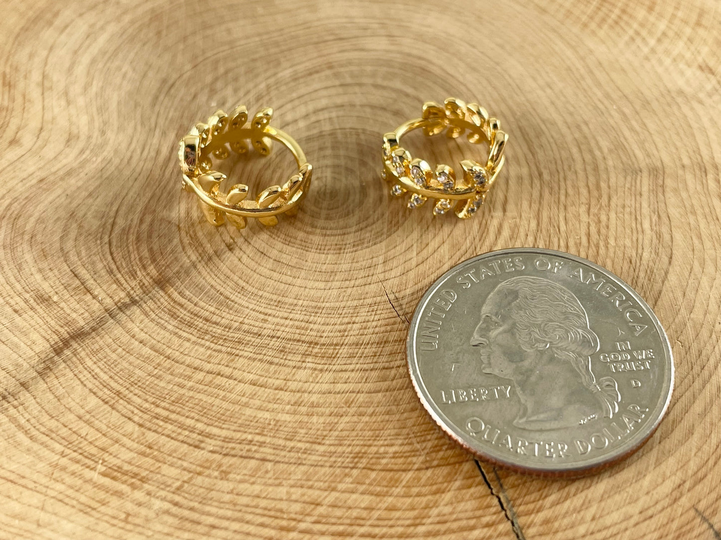 18K Gold/Platinum Plated CZ Pave Leaf Olive Branch Earring Huggies Over Copper 1 PAIR