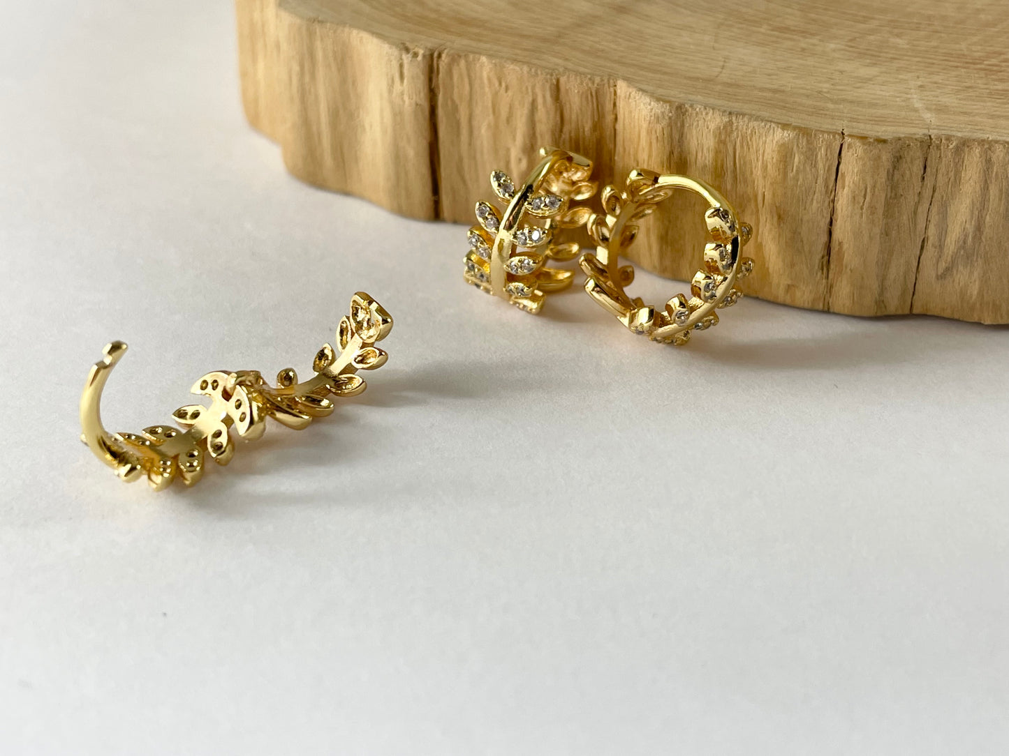18K Gold/Platinum Plated CZ Pave Leaf Olive Branch Earring Huggies Over Copper 1 PAIR