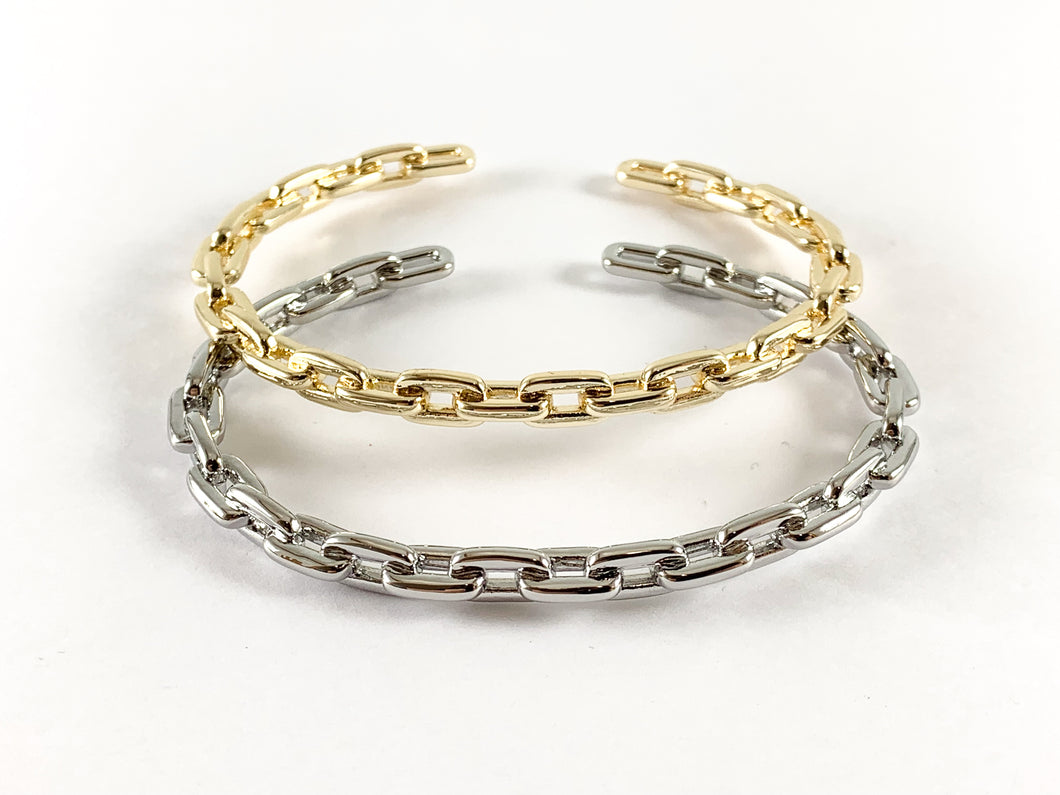 Brazalete ajustable con cadena ovalada simple de cobre chapado en oro real/platino de 18 quilates, puños de 3 piezas