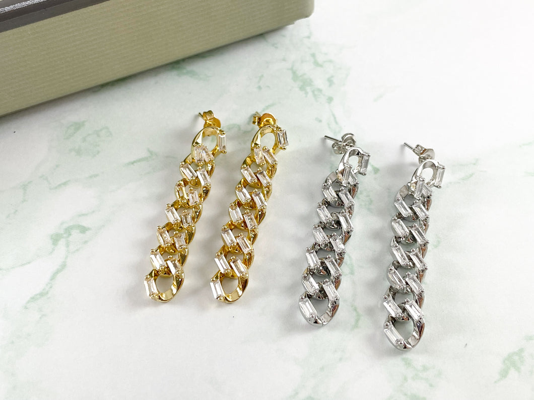 Real 18K Gold/Silver Plated Baguette CZ Pave Chain Link Dangle Earring Post Over Copper 3 pairs