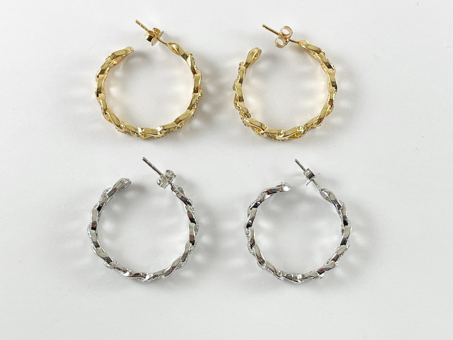 18K Gold and Platinum Plated Cubic Zirconia Cuban Chain Link Earring Hoop Over Copper 3 pairs