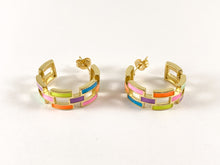 Load image into Gallery viewer, Real 18K Gold Plated Enamel Rectangle Link Earring Hoop Huggies Over Copper 3pairs
