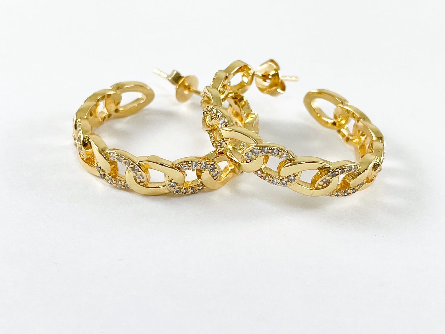 18K Gold and Platinum Plated Cubic Zirconia Cuban Chain Link Earring Hoop Over Copper 3 pairs