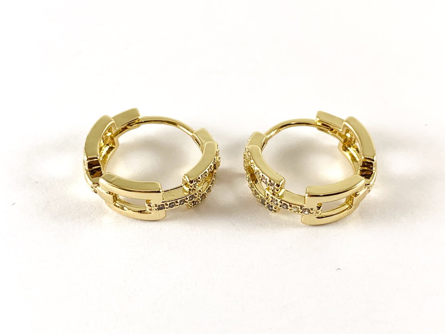 Real Gold Plated CZ Pave Rectangle Link Earring Huggies Over Copper 3pairs