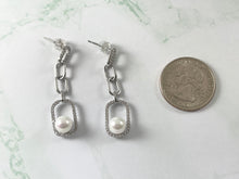 Load image into Gallery viewer, Silver Plated CZ Pave Long Rectangle Links Pearl Dangle Earrings Over Copper 3 pairs
