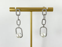 Load image into Gallery viewer, Silver Plated CZ Pave Long Rectangle Links Pearl Dangle Earrings Over Copper 3 pairs
