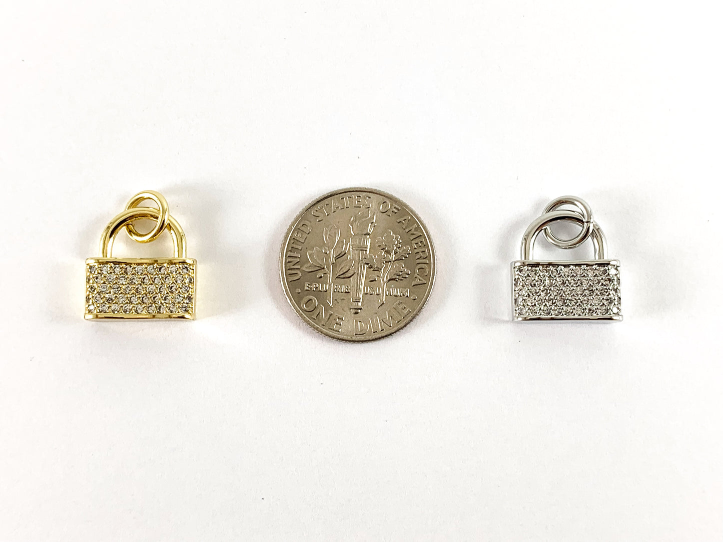 Real 18K Gold/Platinum Plated CZ Pave Lock Charm Over Copper 6pcs