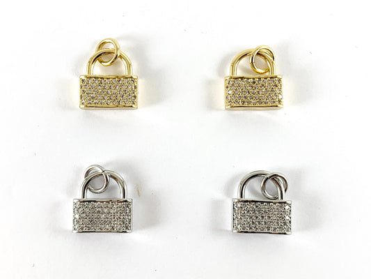 Real 18K chapado en oro/platino CZ Pave Lock Charm sobre cobre 6 piezas