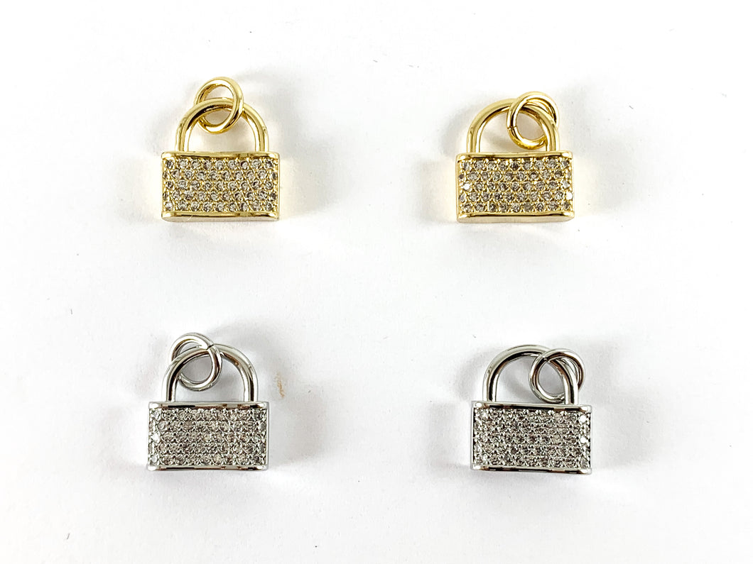 Real 18K chapado en oro/platino CZ Pave Lock Charm sobre cobre 6 piezas