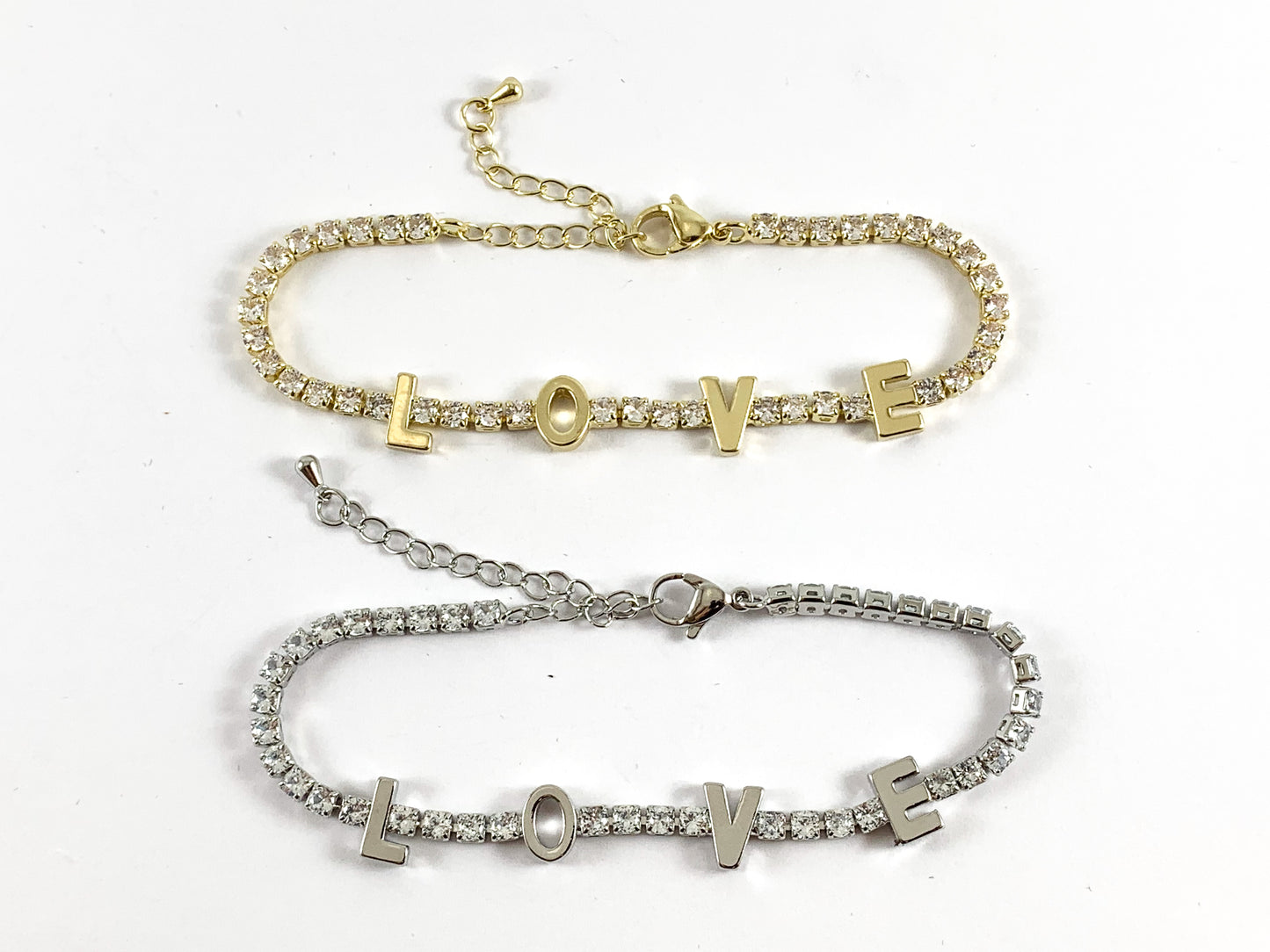 Gold/Silver Plated CZ Pave Box Rhinestone Chain LOVE Bracelet with Extender 4pcs