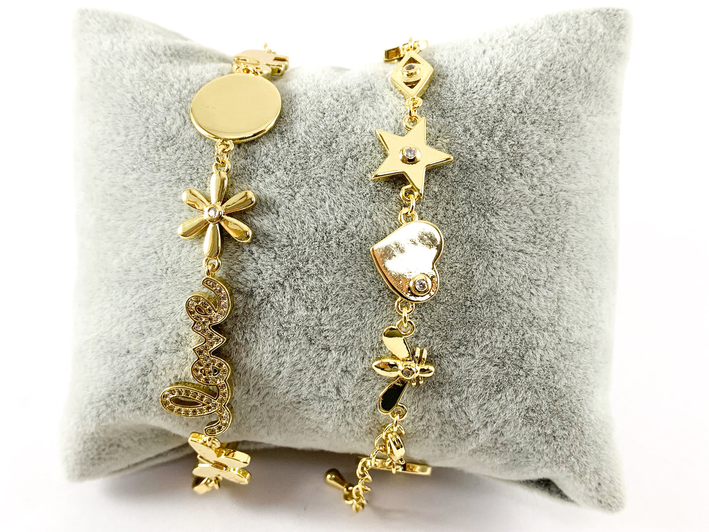18K Gold Plated CZ Pave Love Elephant Flower Star Bee Heart Bracelet with Extender