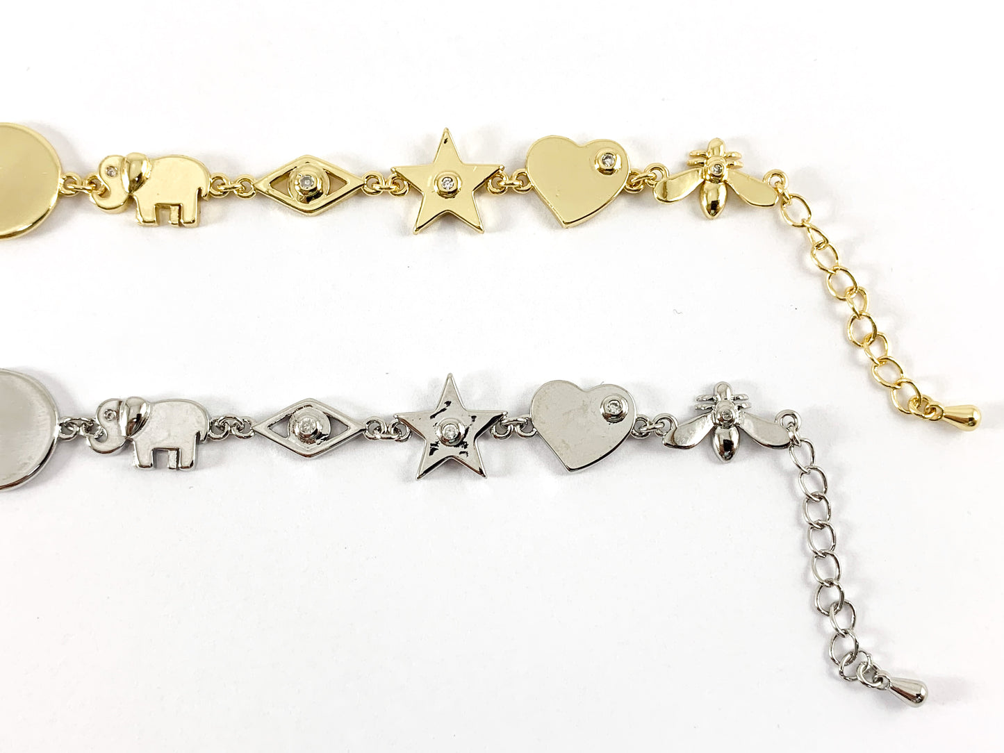 18K Gold Plated CZ Pave Love Elephant Flower Star Bee Heart Bracelet with Extender