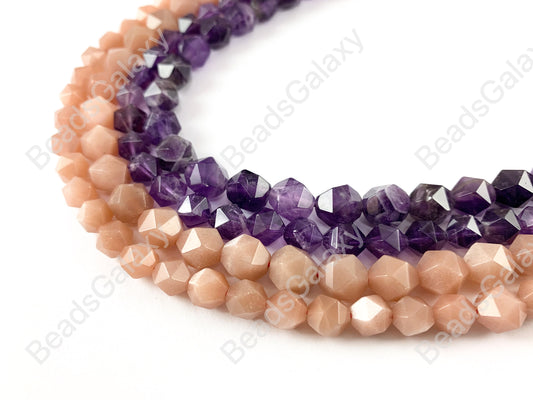 Handcut Pink Moonstone Amethyst Starcut Faceted Natural Gemstone Beads Around 15"