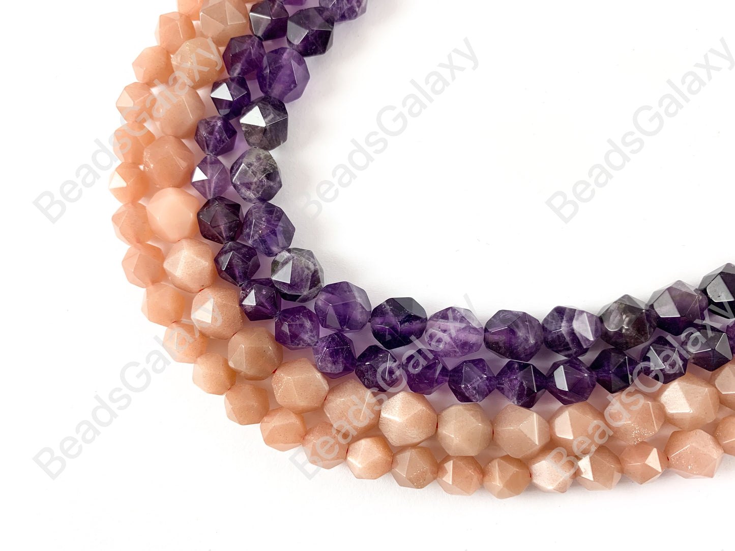 Handcut Pink Moonstone Amethyst Starcut Faceted Natural Gemstone Beads Around 15"