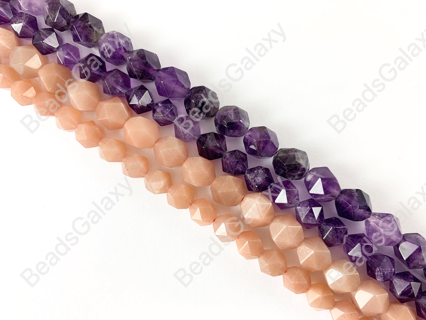 Handcut Pink Moonstone Amethyst Starcut Faceted Natural Gemstone Beads Around 15"