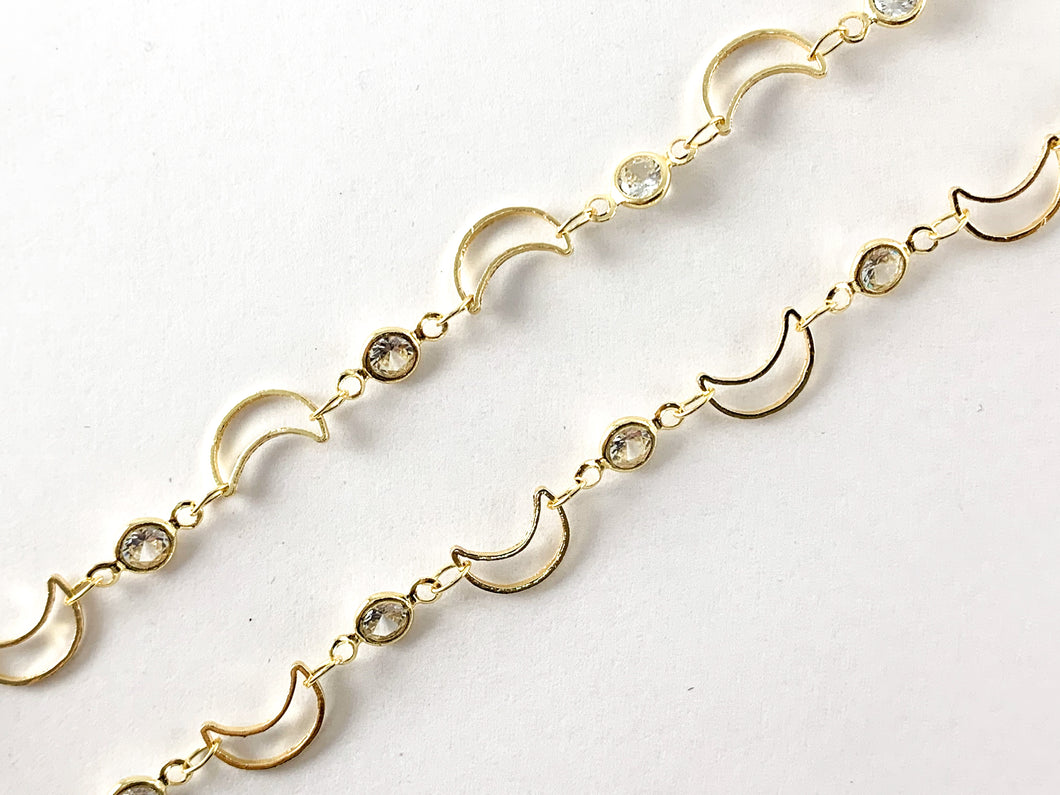 18K Gold Plated Moon Crescent Dainty Chain with Clear Coin Crystals