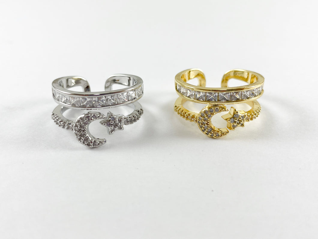 18K Gold and Platinum Plated Double Banded CZ Pave Moon Star Adjustable Ring 4pcs