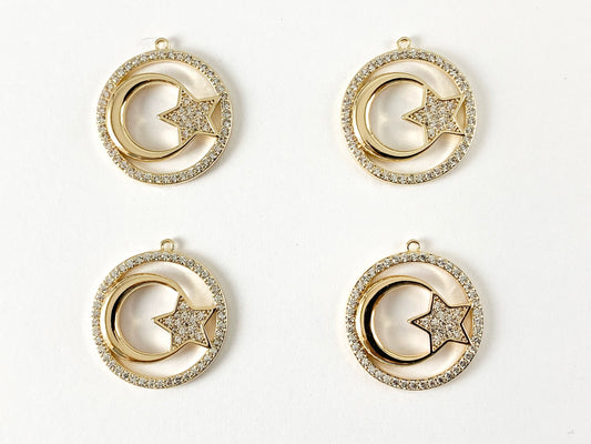 18K Gold Plated Micro CZ Pave Moon Star Round Circle Charm Over Brass 5pcs