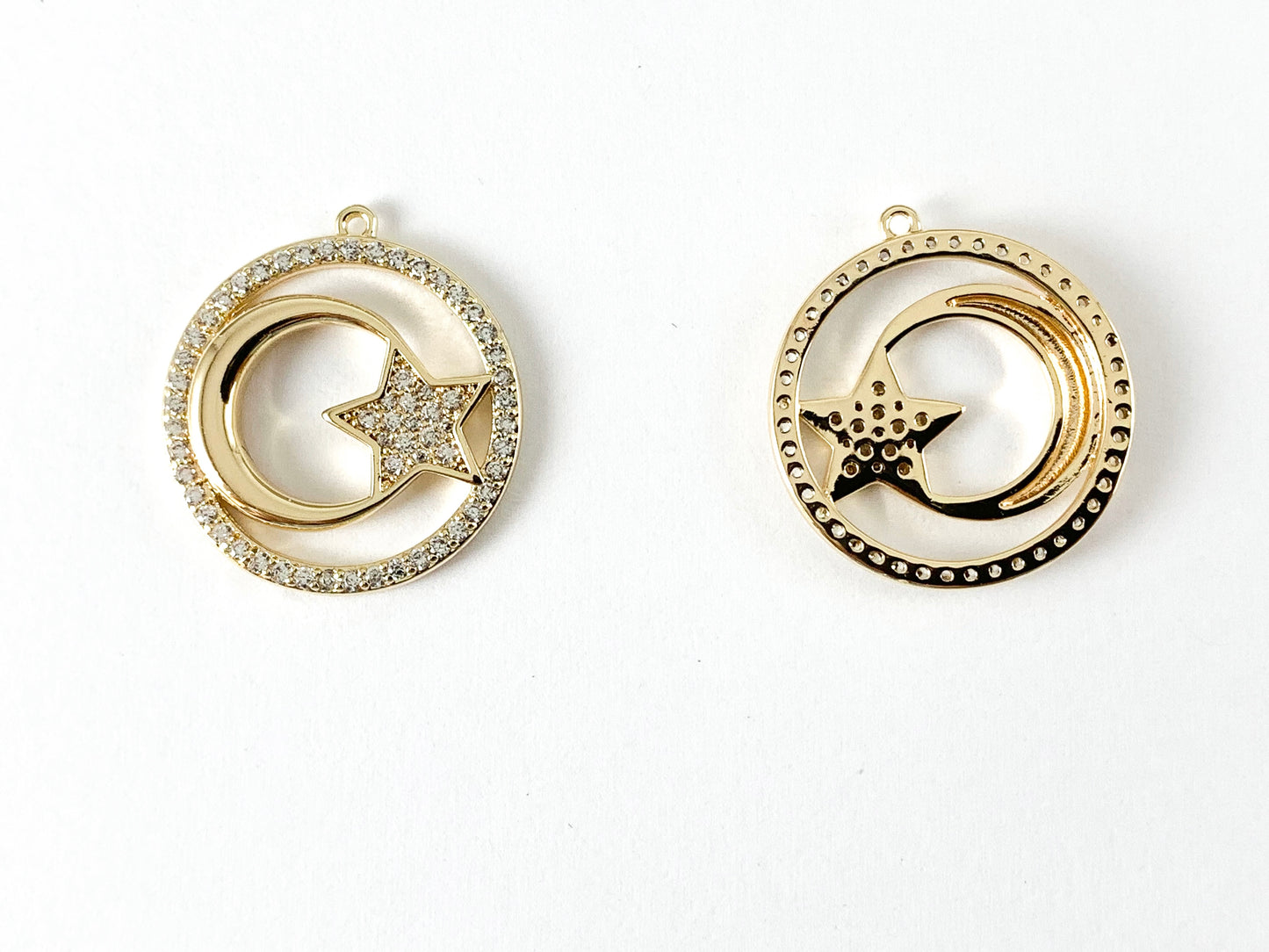18K Gold Plated Micro CZ Pave Moon Star Round Circle Charm Over Brass 5pcs
