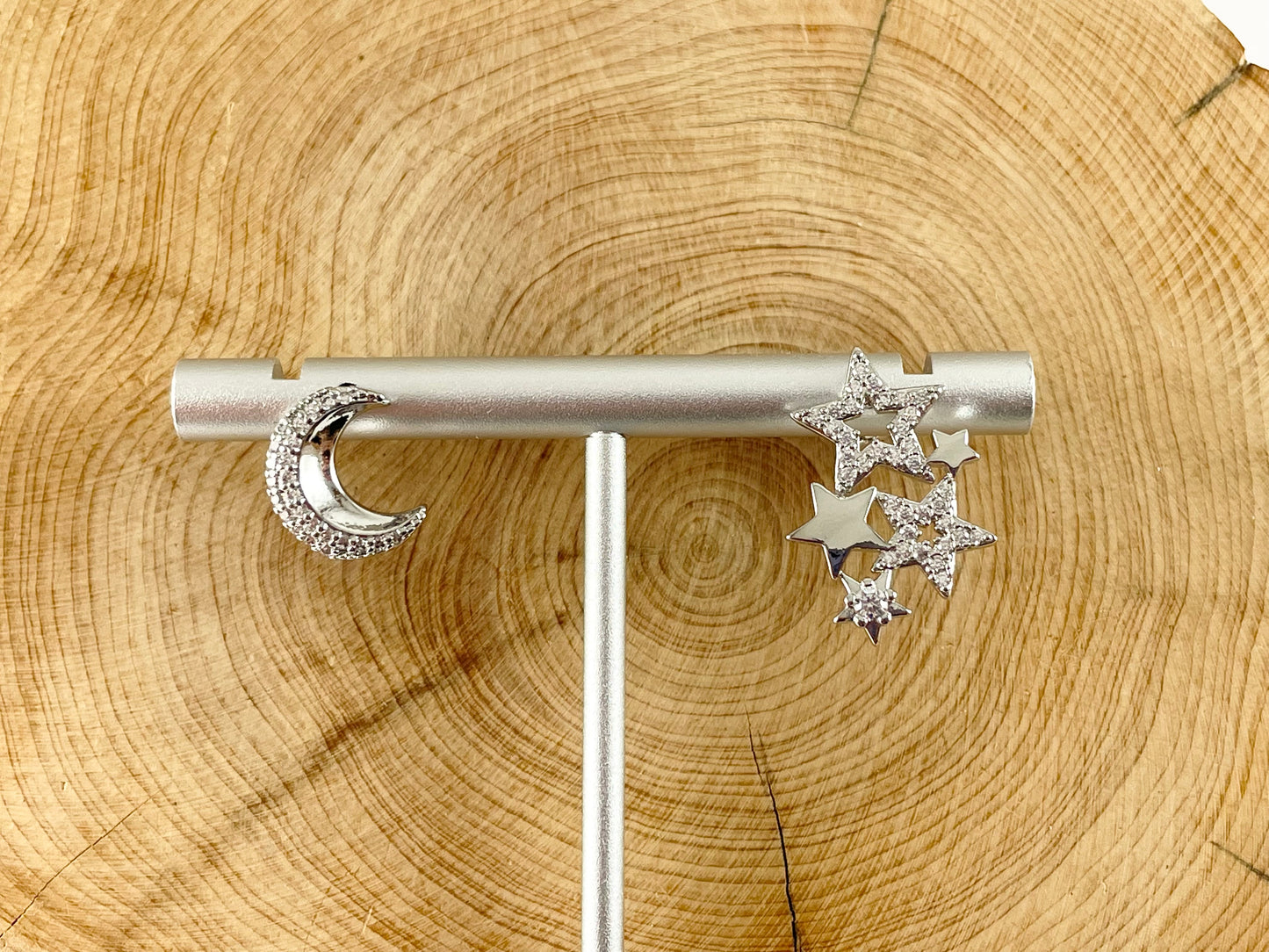 18K Gold/Platinum Plated CZ Pave Moon Star Earring Studs Over Copper 1 PAIR