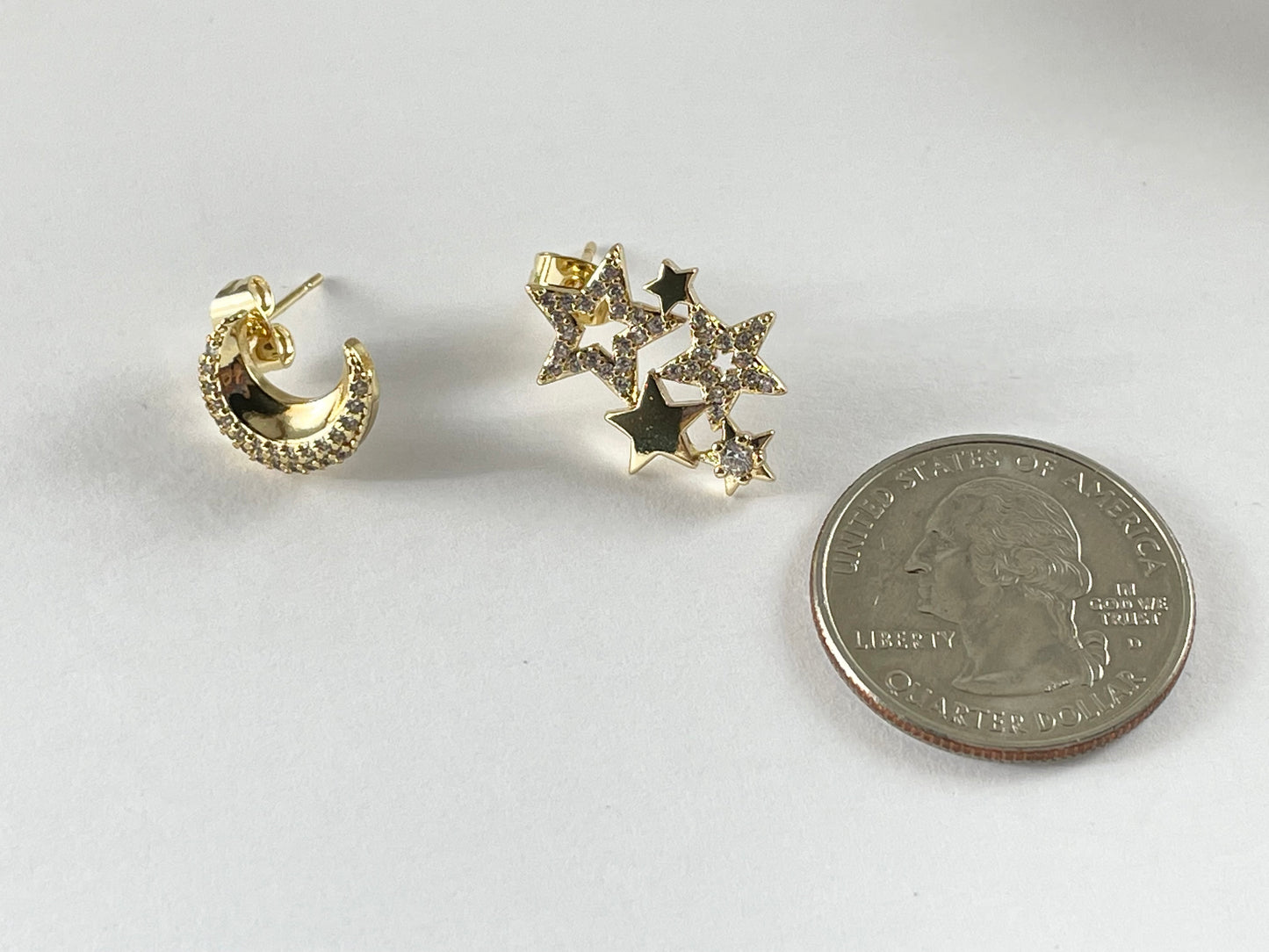 18K Gold/Platinum Plated CZ Pave Moon Star Earring Studs Over Copper 1 PAIR