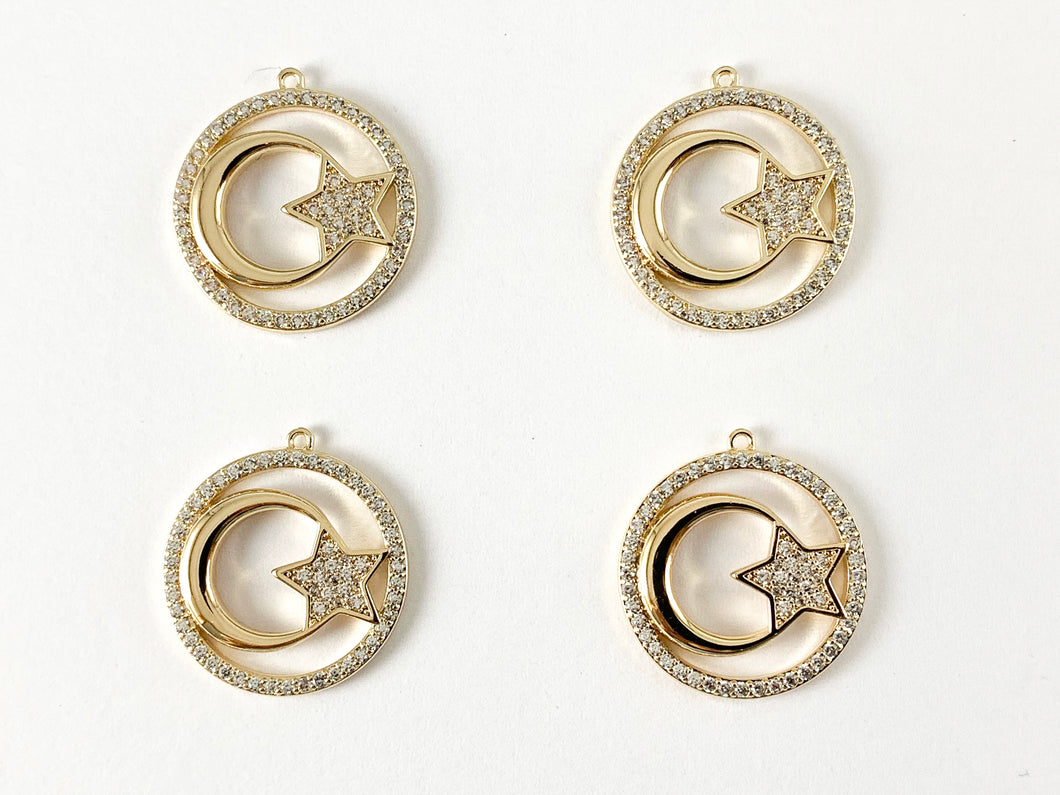 18K Gold Plated Micro CZ Pave Moon Star Round Circle Charm Over Brass 5pcs