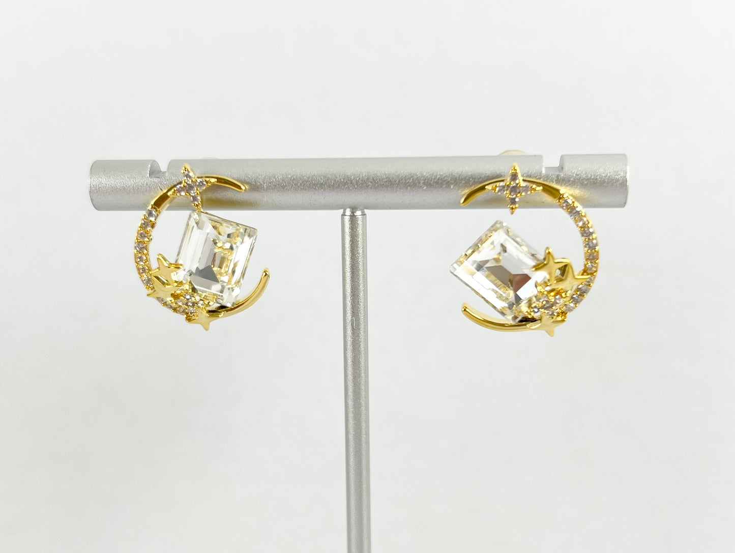 Gold CZ Pave Moon Crescent Starburst Celestial Earring Studs in 18K Gold Plating over Copper 3 pairs