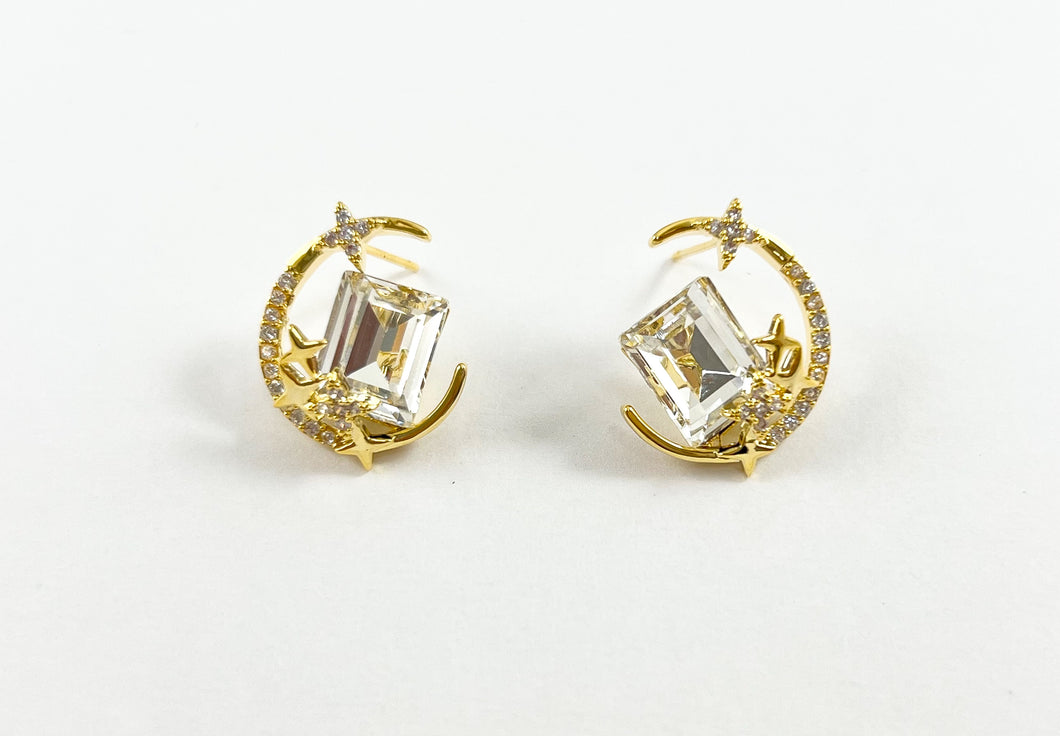 Gold CZ Pave Moon Crescent Starburst Celestial Earring Studs in 18K Gold Plating over Copper 3 pairs