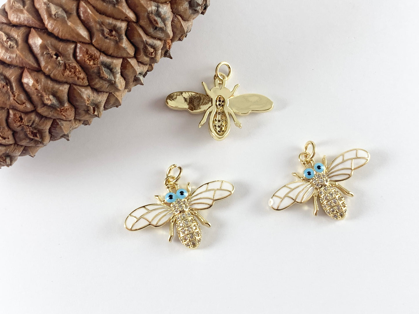18K Gold Plated CZ Pave Enamel White Blue Bee Charm/Pendants 6 pcs