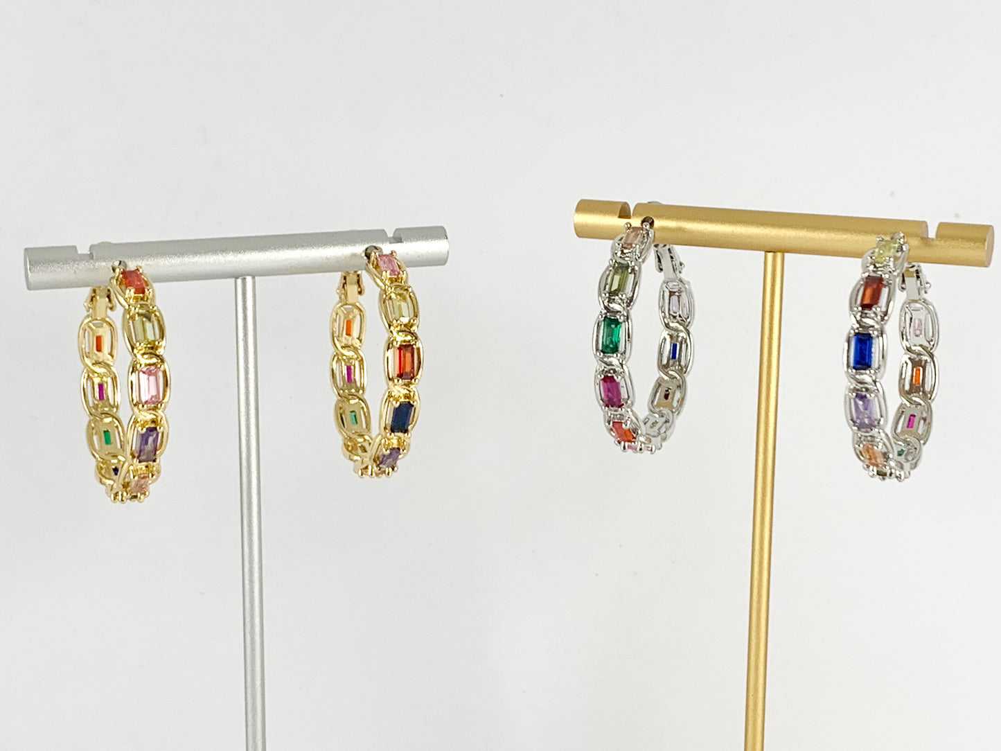 Multicolor Baguette CZ Pave Hoops in 18K gold or silver plated over Copper 2 pairs