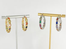 Load image into Gallery viewer, Multicolor Baguette CZ Pave Hoops in 18K gold or silver plated over Copper 2 pairs
