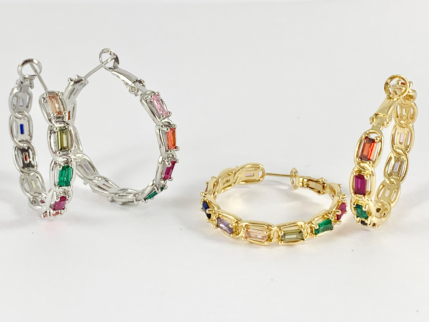 Multicolor Baguette CZ Pave Hoops in 18K gold or silver plated over Copper 2 pairs
