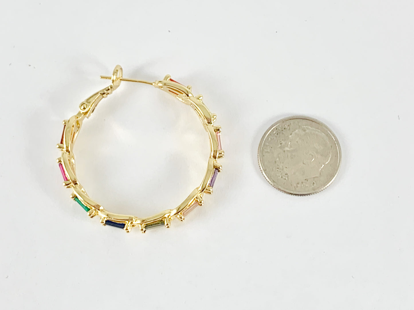 Multicolor Baguette CZ Pave Hoops in 18K gold or silver plated over Copper 2 pairs