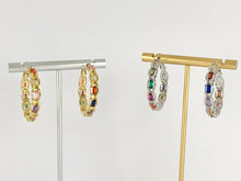 Load image into Gallery viewer, Multicolor Baguette CZ Pave Hoops in 18K gold or silver plated over Copper 2 pairs
