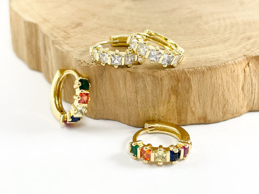 Real Gold 18K Plated Tiny Multi Clear Earring Hoop Huggies 4 pairs