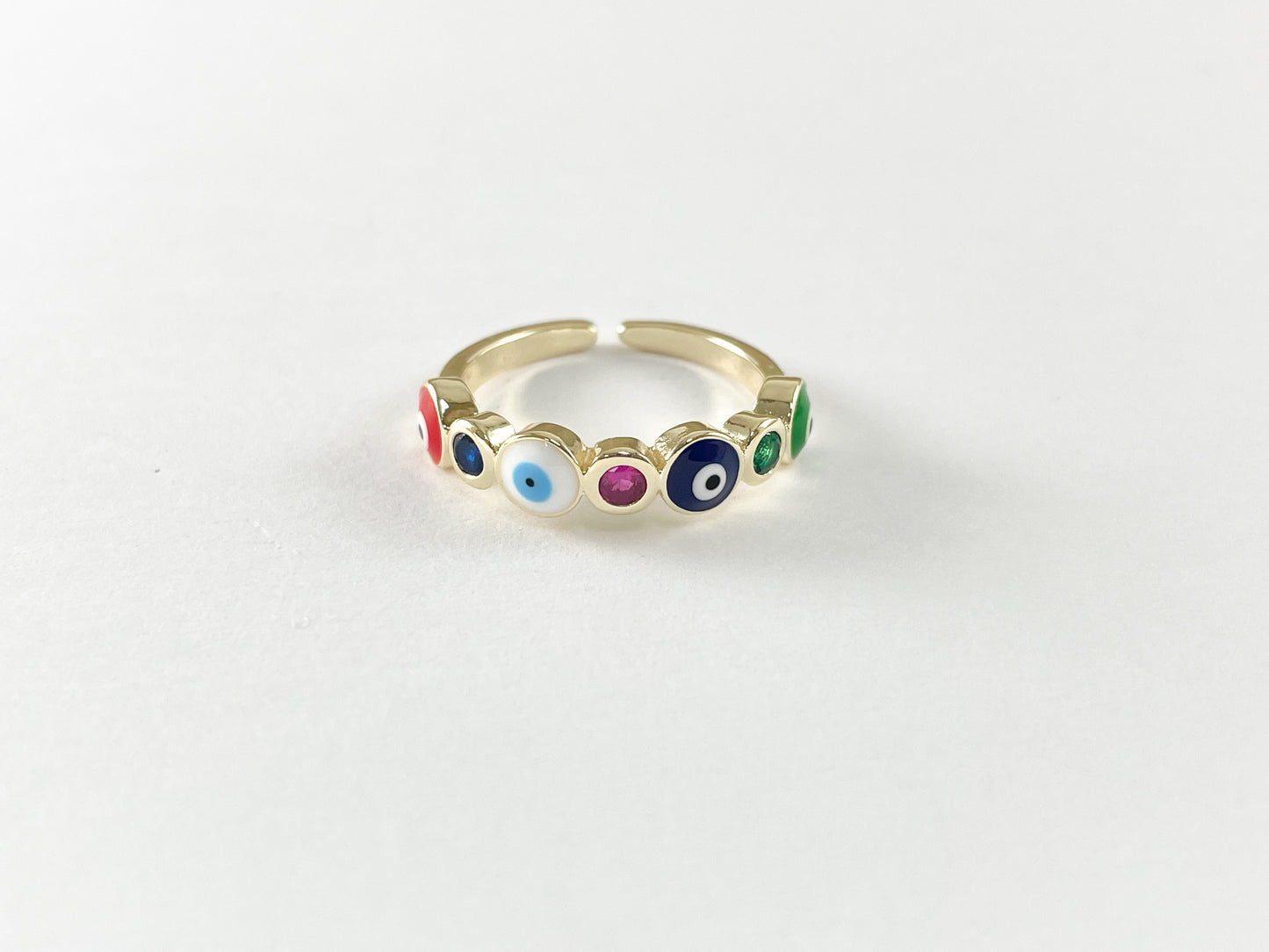 Colorful Enamel 18K Gold Plated Multi Copper CZ Pave Evil Eye Adjustable Ring 4pcs