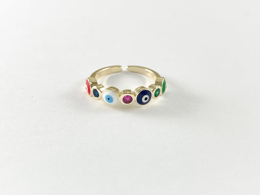 Colorful Enamel 18K Gold Plated Multi Copper CZ Pave Evil Eye Adjustable Ring 4pcs