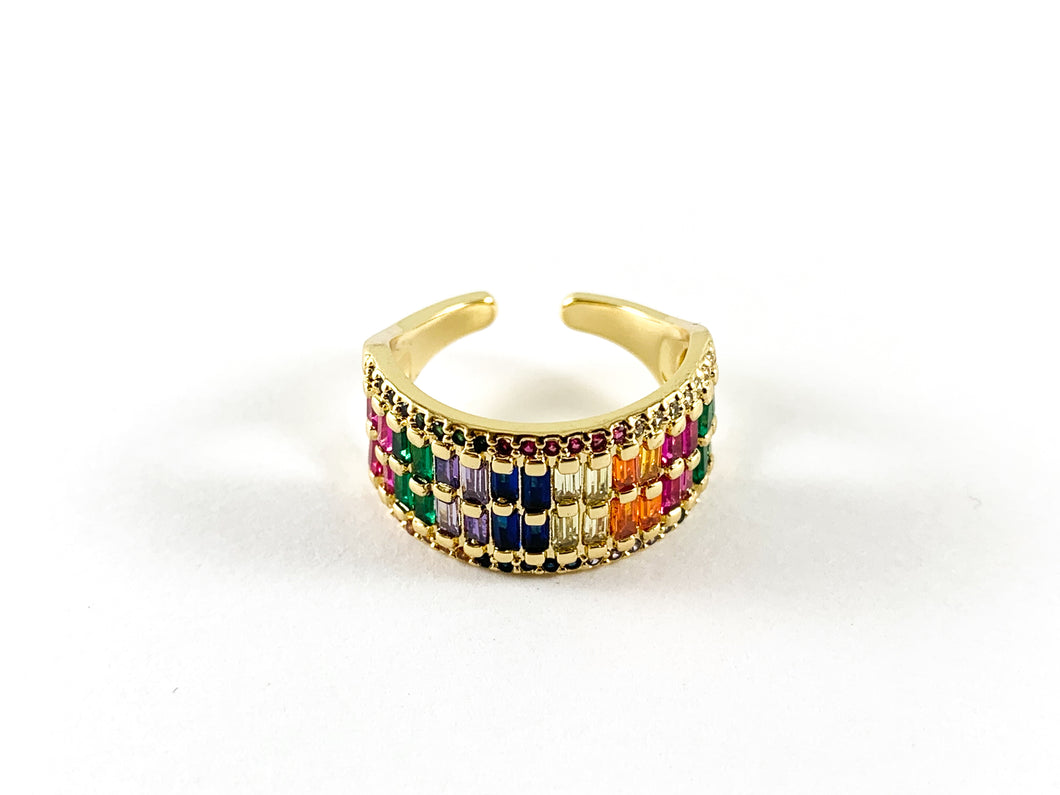 18K Real Gold/Platinum Plated Rainbow Multi CZ Full Pave Bar Statement Ring 3pcs