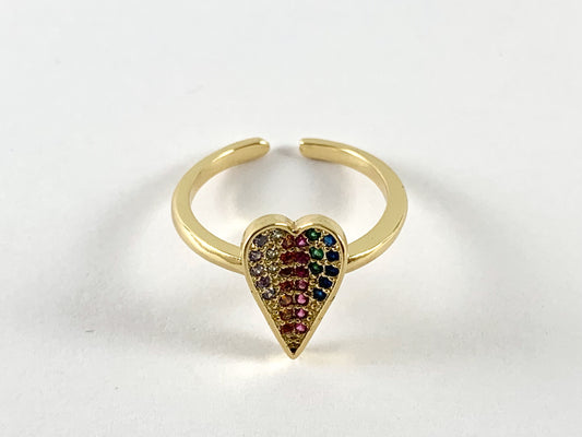 Real Gold 18K Plated CZ Pave Rainbow Curved Inward Heart Adjustable Ring 4pcs