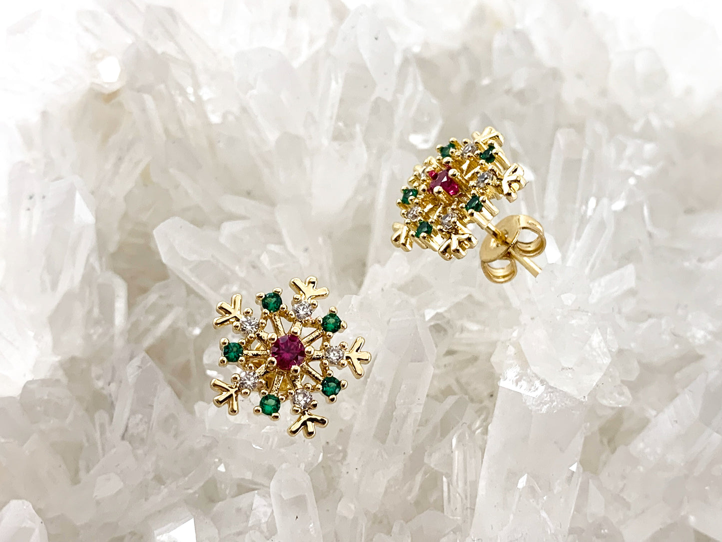 Real Gold/Platinum Plated CZ Pave Christmas Snowflake Earring Stud Over Copper 3pairs