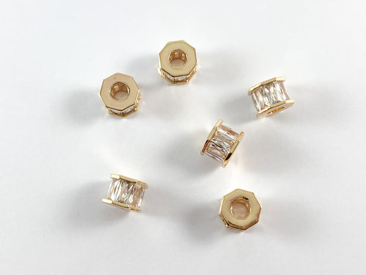 Real Gold 18K Plated Micro CZ Baguette Pave Octagon Large Hole Spacers Beads Over Brass 6 pcs