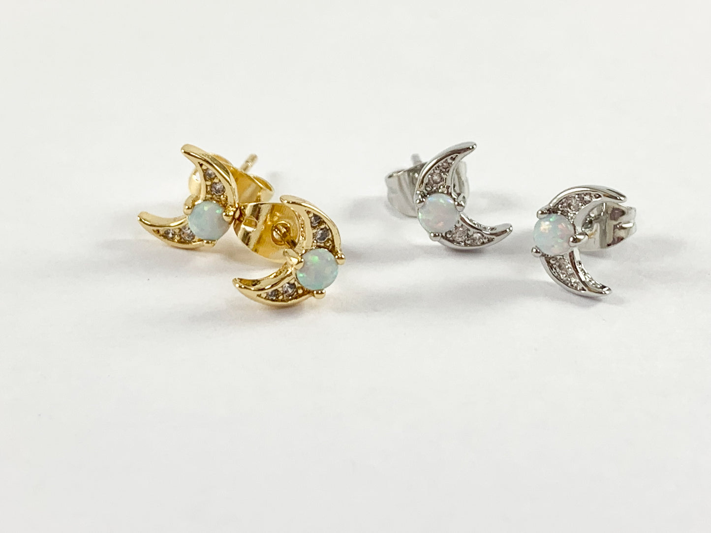 Real 18K Gold Plated Japanese Opal Moon Crescent Earring Stud Over Copper 5 pairs