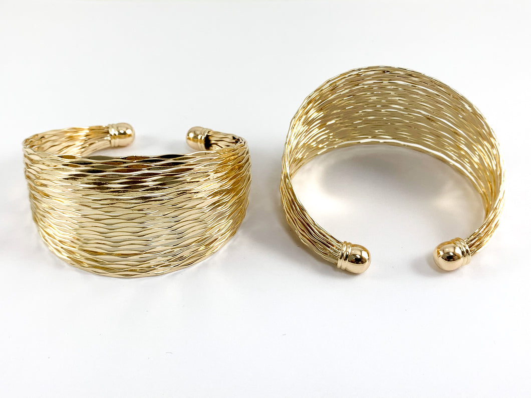 Real Gold 18K Plated Copper Fringe Filigree Shiny Adjustable Thick Fancy Bracelet Cuffs 2pcs