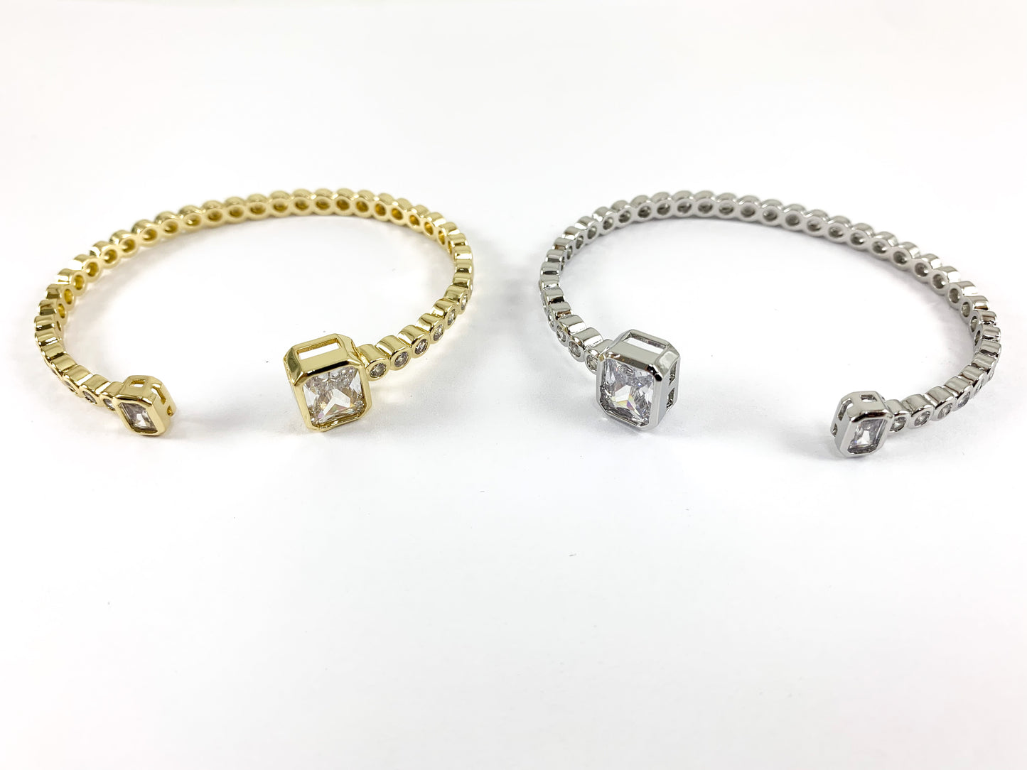 Real Gold/Platinum 18K Plated Copper CZ Pave Rectangle Rhinestone Fancy Open Front Bracelet Cuffs