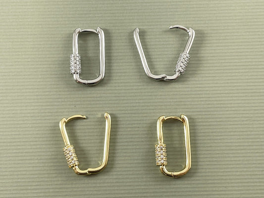 Real Gold/Platinum 18K Micro Pave CZ Oval Rectangle Earring Hoop Huggies 3 pairs