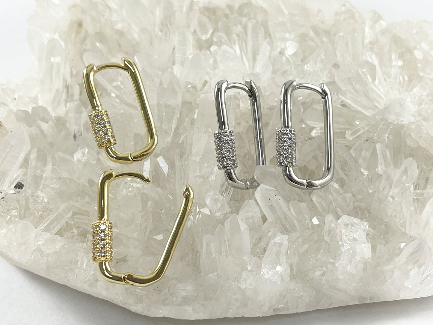 Pendientes Huggies de aro rectangulares ovalados con Micro pavé de circonita cúbica de oro real/platino de 18 quilates, 3 pares