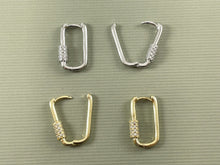 Load image into Gallery viewer, Real Gold/Platinum 18K Micro Pave CZ Oval Rectangle Earring Hoop Huggies 3 pairs
