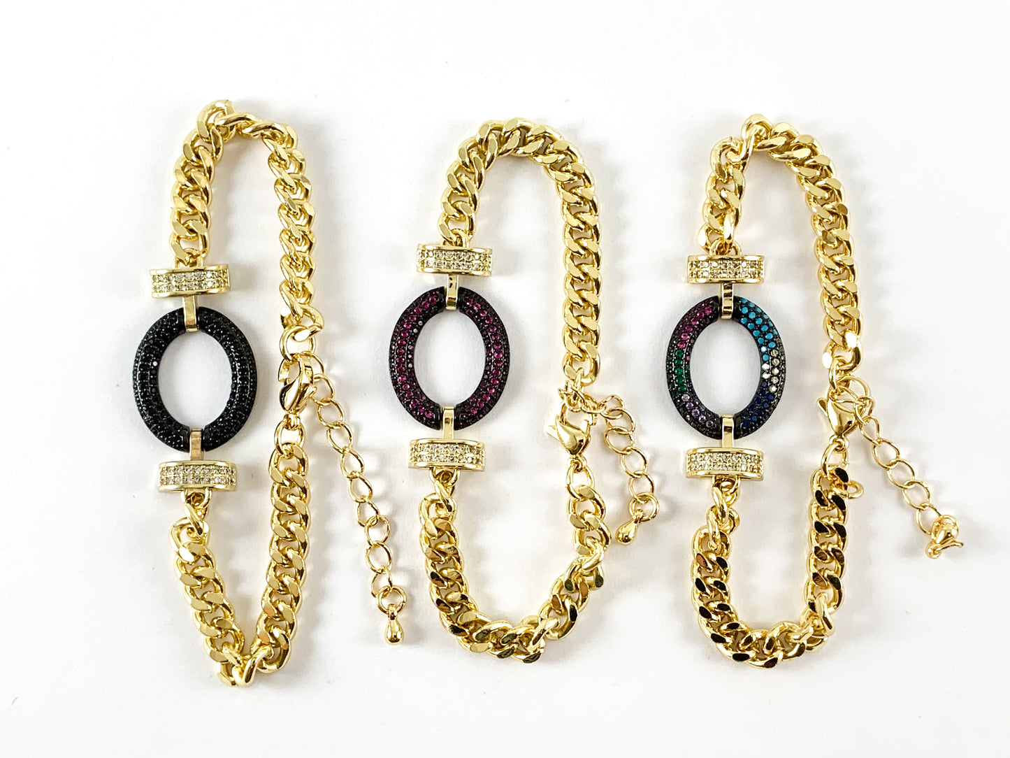 18K Gold Plated CZ Pave Oval Cuban Link Bracelet with Extender 1pc