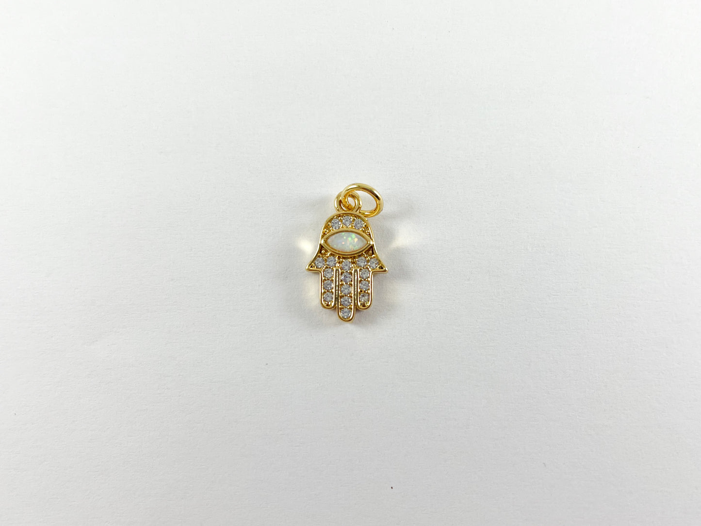 18K Gold Plated Micro CZ Pave Rhinestone Japanese Opal Hamsa Hand Pendant Charm Over Brass 5pcs