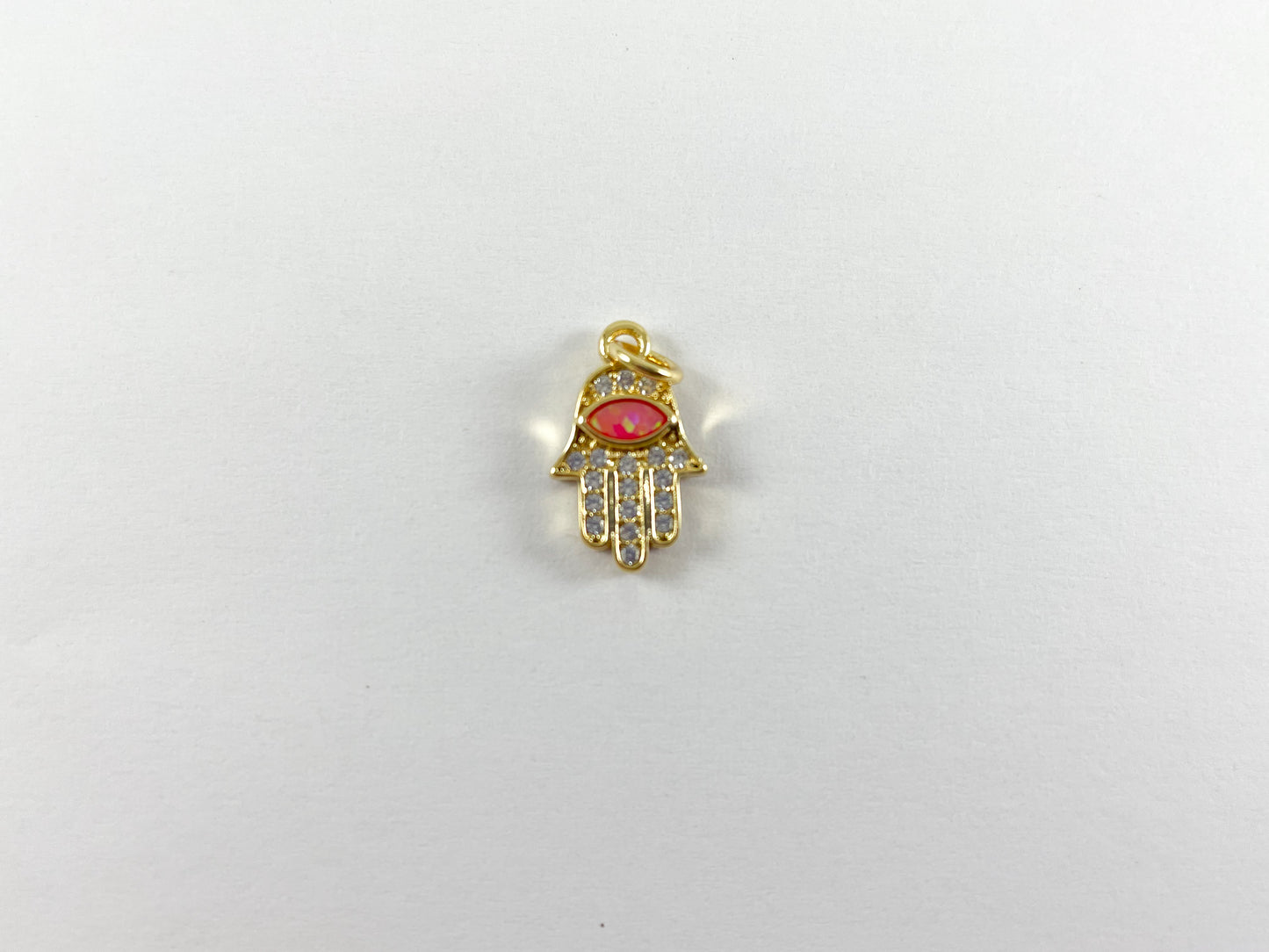 18K Gold Plated Micro CZ Pave Rhinestone Japanese Opal Hamsa Hand Pendant Charm Over Brass 5pcs